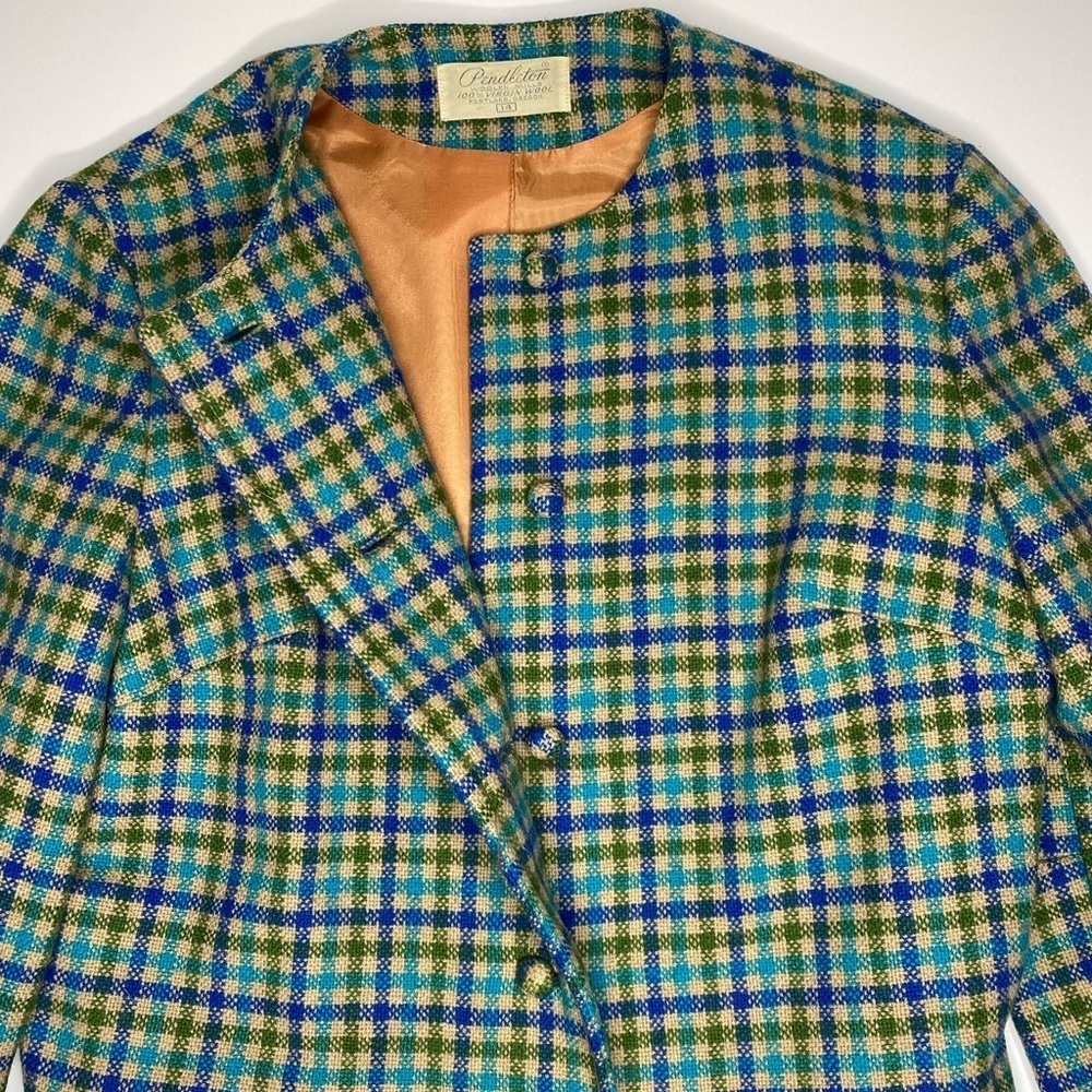 60’s Pendleton Wool Plaid 2Pc Coat Skirt Set Green, Blue, Beige Sz14 EUC - Picture 6 of 10